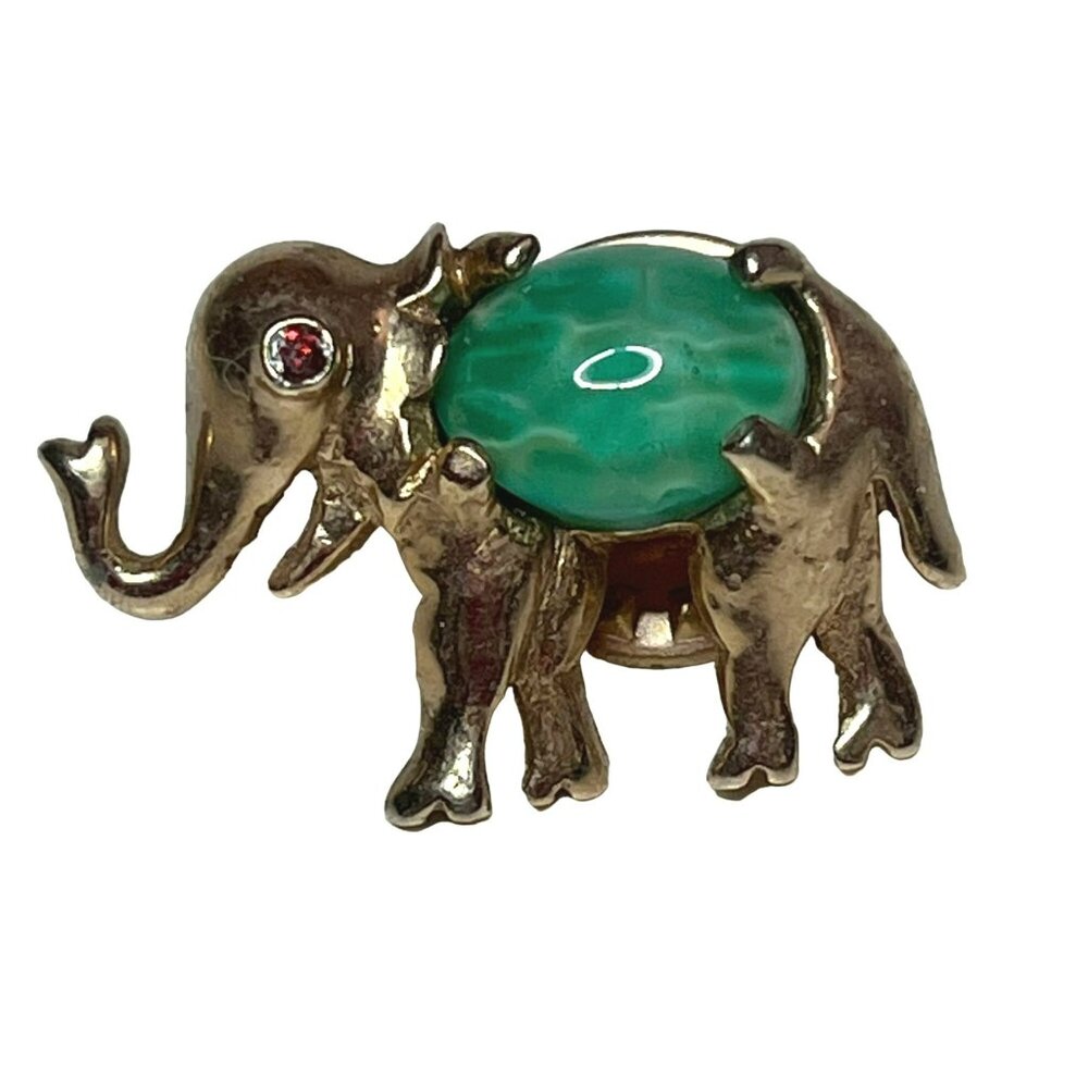 Tiny Vintage Gold-Tone Lucky Elephant Pin Green Stone
